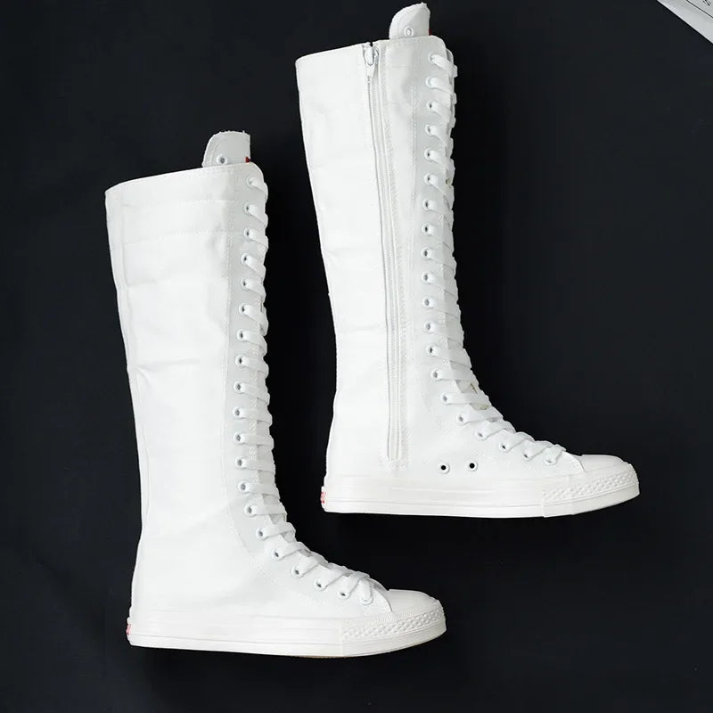 Toile bottes longues pour femmes haut femmes chaussures en toile à lacets genou bottes hautes chaussures plates décontracté vulcanisé chaussures baskets filles Chausseria