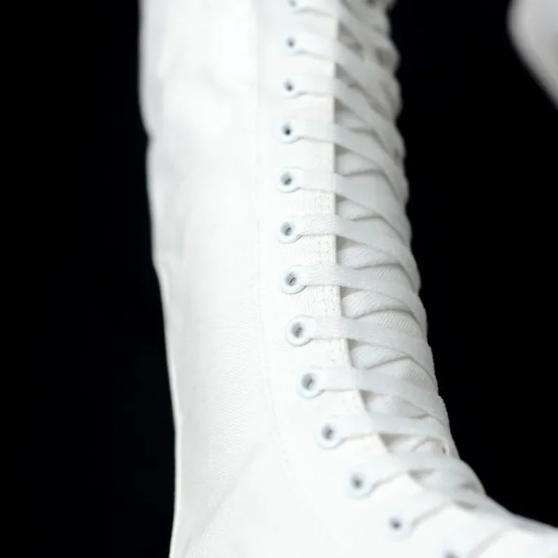 Toile bottes longues pour femmes haut femmes chaussures en toile à lacets genou bottes hautes chaussures plates décontracté vulcanisé chaussures baskets filles Chausseria