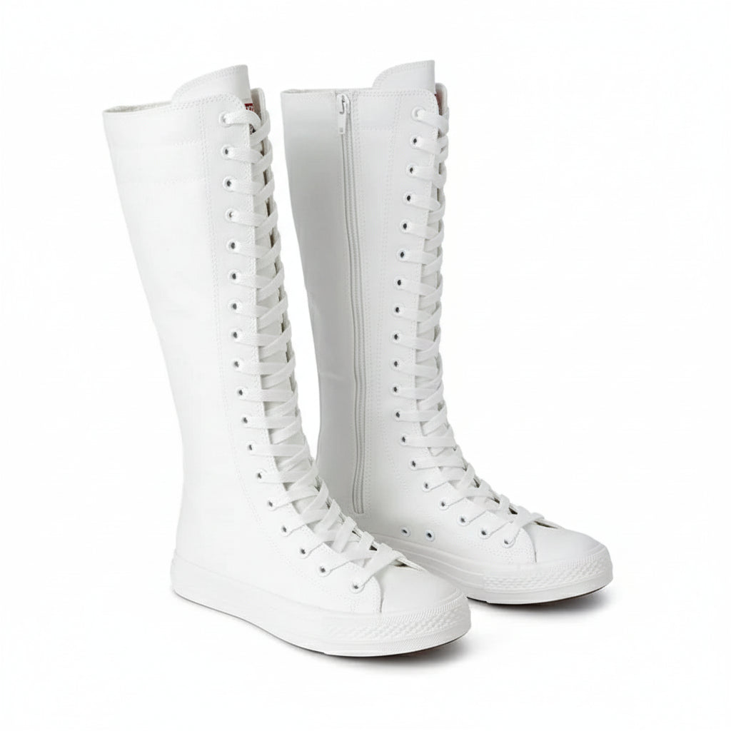 Toile bottes longues pour femmes haut femmes chaussures en toile à lacets genou bottes hautes chaussures plates décontracté vulcanisé chaussures baskets filles Chausseria