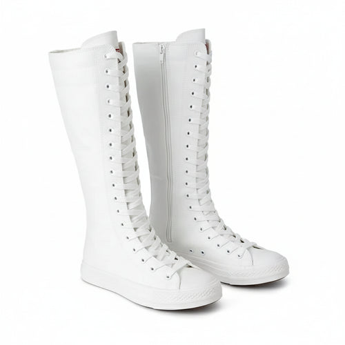 Toile bottes longues pour femmes haut femmes chaussures en toile à lacets genou bottes hautes chaussures plates décontracté vulcanisé chaussures baskets filles Chausseria