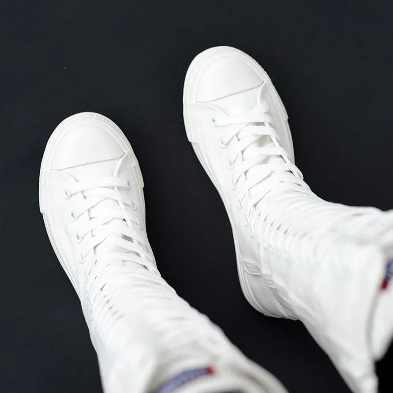 Toile bottes longues pour femmes haut femmes chaussures en toile à lacets genou bottes hautes chaussures plates décontracté vulcanisé chaussures baskets filles Chausseria